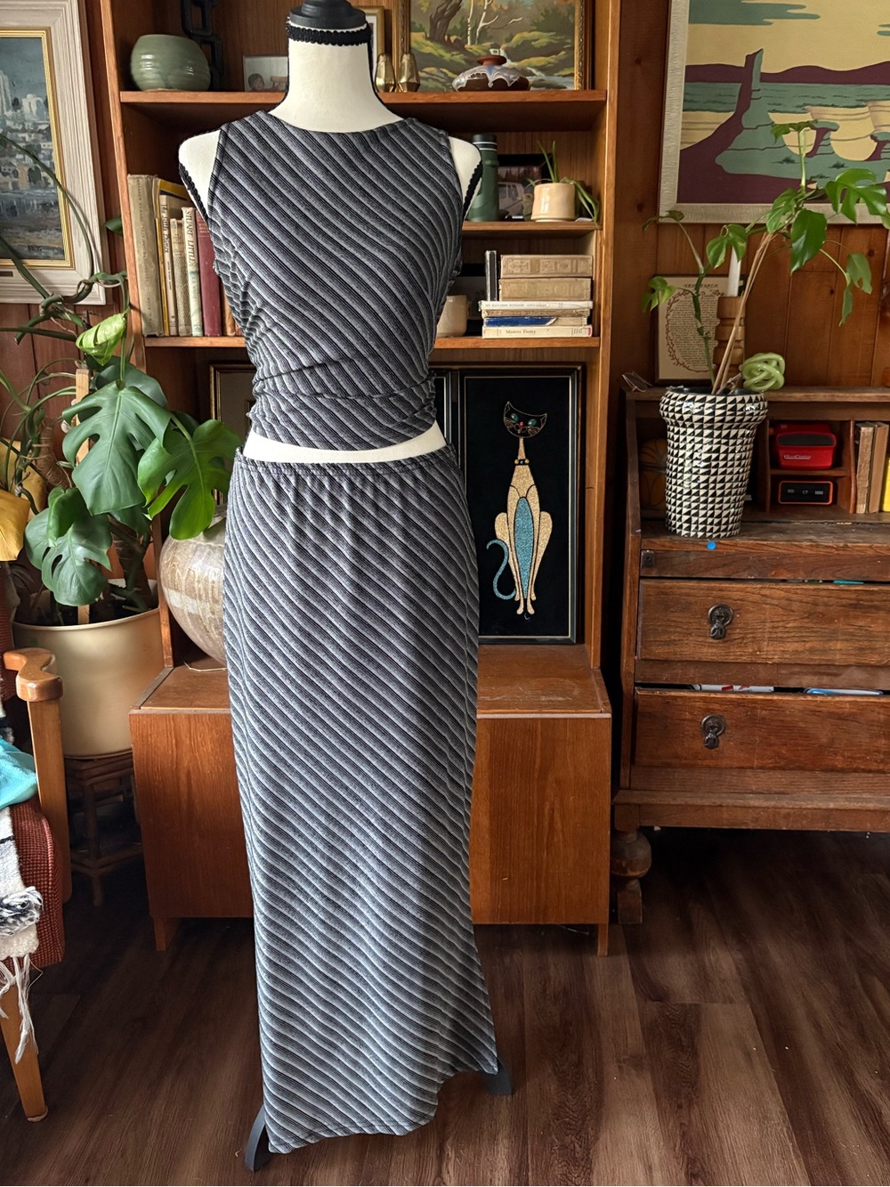 Whimsigoth Vintage 90s Mariposa Striped Maxi Skirt Crop Top Two Piece Set L